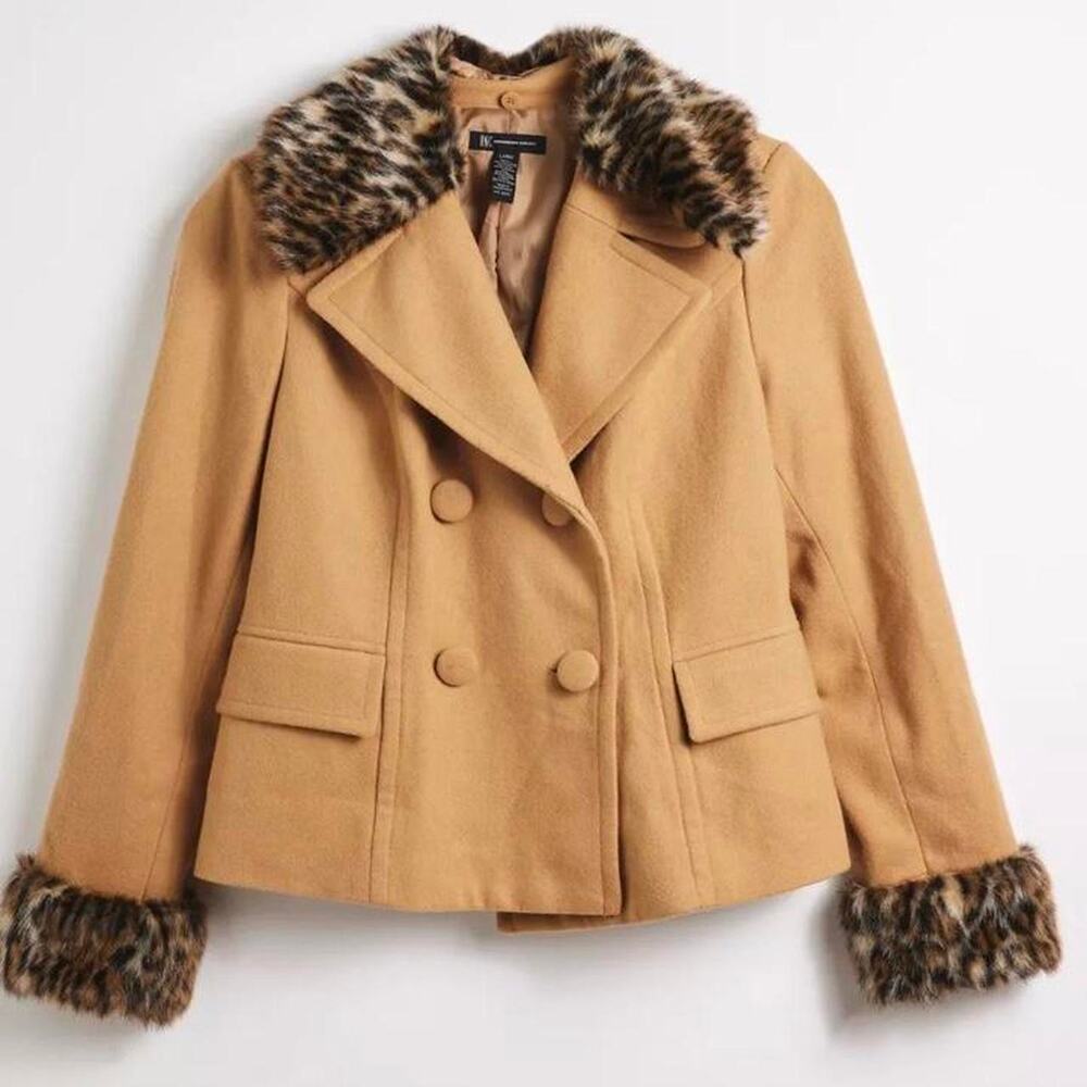 INC International Concepts SM Jacket Camel Wool Y2K Vintage Leopard Fur Collar
